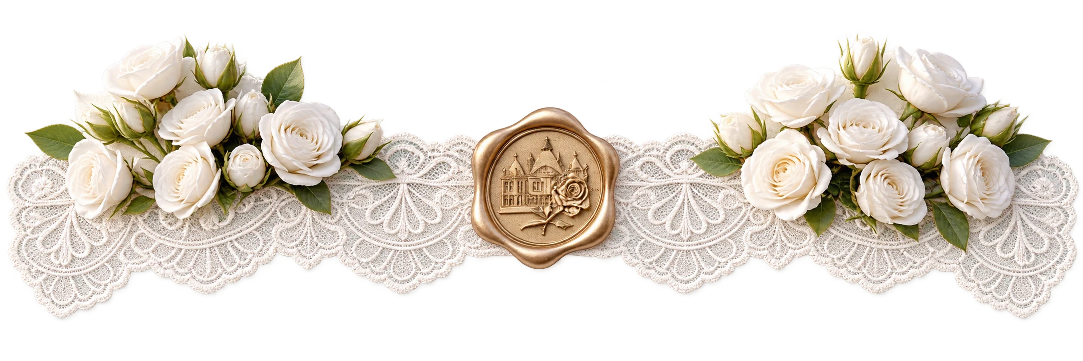 Sceau doré, dentelle et roses blanches